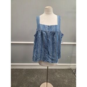Old Navy Womens XXL Blue White Striped Button Down Smocked Back Cotton Tank Top